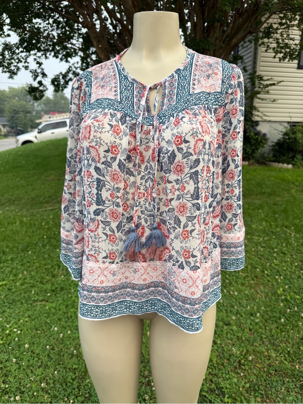 Knox Rose Floral Tassel Peasant Blouse in Blue and Pink